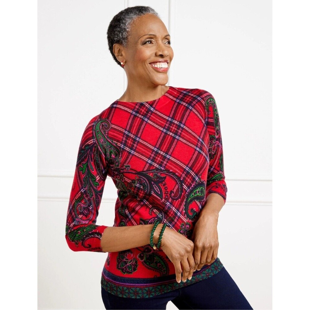 Talbots Petite Merino Wool 3/4 sleeve Red Plaid Paisley Crew Neck Sweater PP
